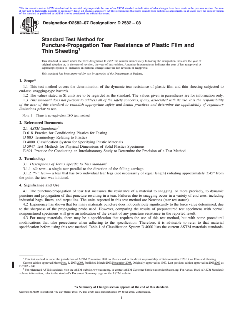 REDLINE ASTM D2582-08 - Standard Test Method for Puncture-Propagation Tear Resistance of Plastic Film and Thin Sheeting