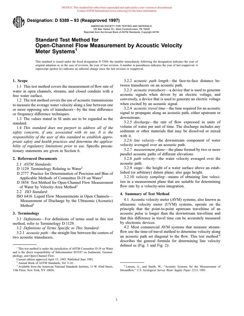 ASTM D5389-93(1997) - Standard Test Method for Open-Channel Flow Measurement by Acoustic Velocity Meter Systems