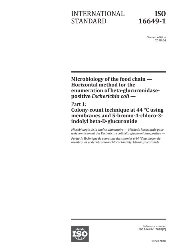 ISO 16649-1:2018 - Microbiology of the food chain -- Horizontal method for the enumeration of beta-glucuronidase-positive Escherichia coli