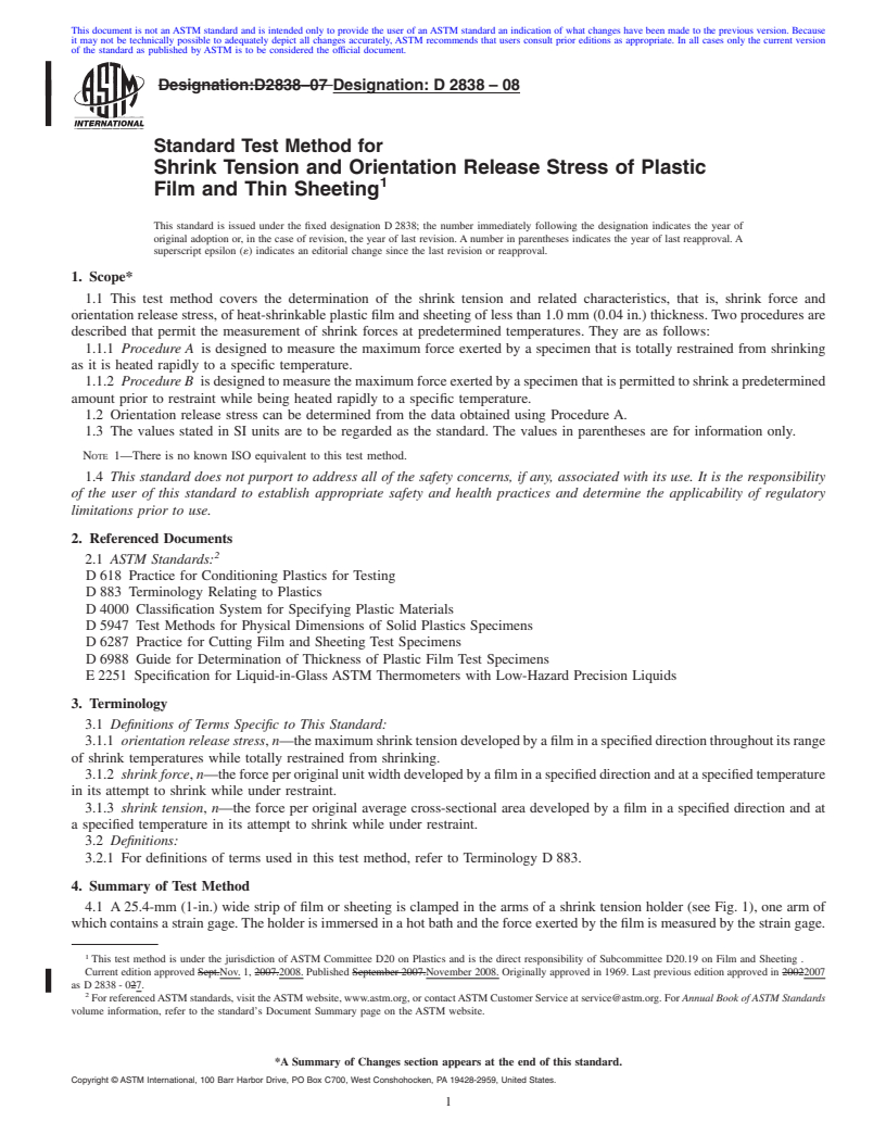 REDLINE ASTM D2838-08 - Standard Test Method for Shrink Tension and Orientation Release Stress of Plastic Film and Thin Sheeting