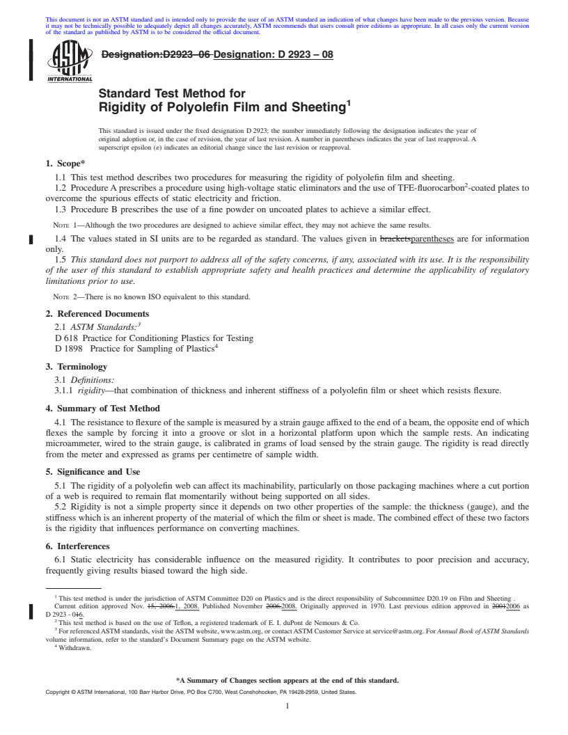 REDLINE ASTM D2923-08 - Standard Test Method for Rigidity of Polyolefin Film and Sheeting