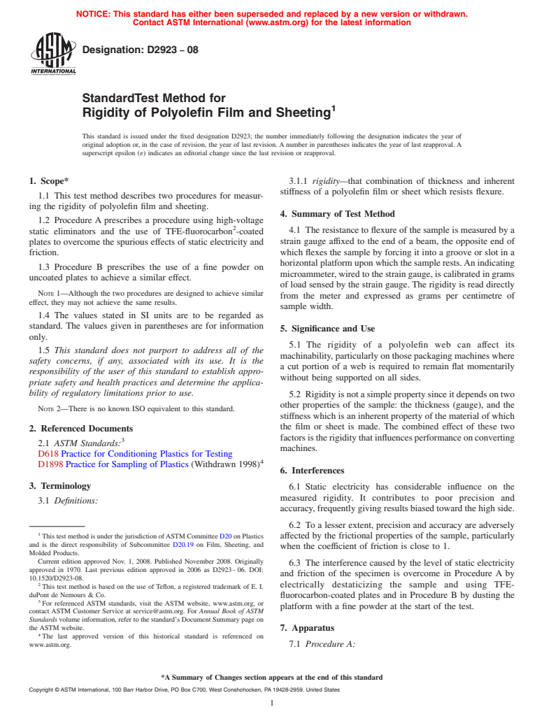 ASTM D2923-08 - Standard Test Method for Rigidity of Polyolefin Film and Sheeting