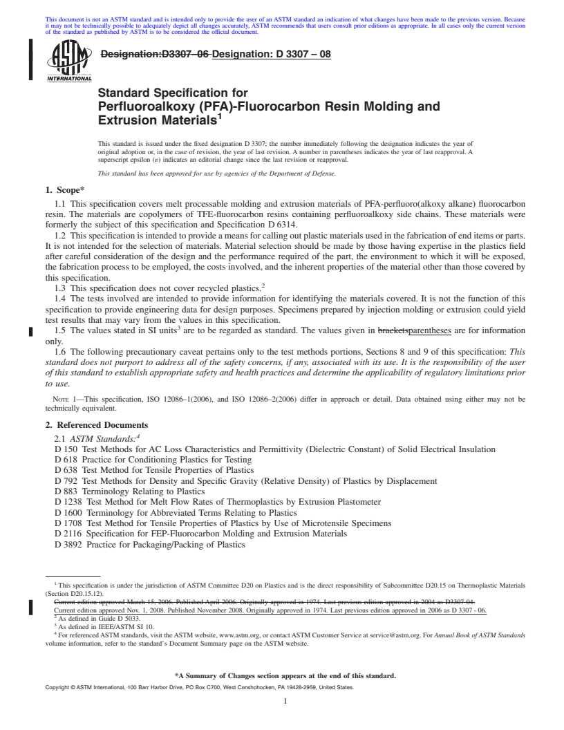 REDLINE ASTM D3307-08 - Standard Specification for Perfluoroalkoxy (PFA)-Fluorocarbon Resin Molding and Extrusion Materials