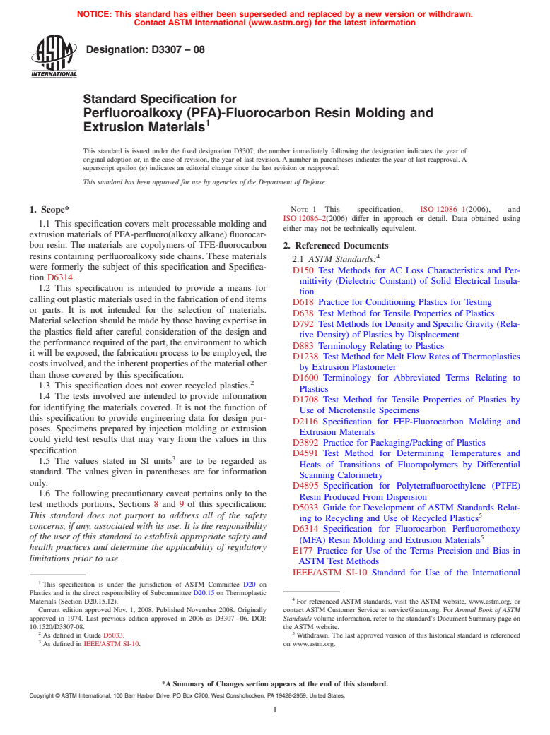 ASTM D3307-08 - Standard Specification for Perfluoroalkoxy (PFA)-Fluorocarbon Resin Molding and Extrusion Materials