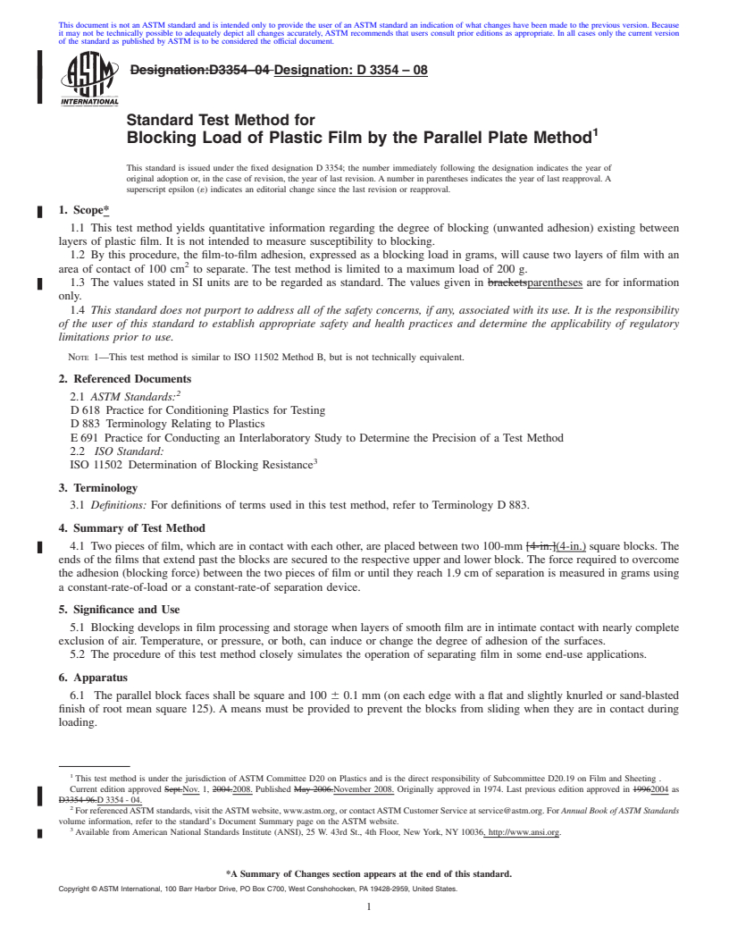 REDLINE ASTM D3354-08 - Standard Test Method for Blocking Load of Plastic Film by the Parallel Plate Method