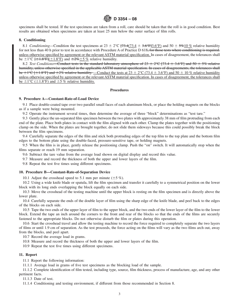 REDLINE ASTM D3354-08 - Standard Test Method for Blocking Load of Plastic Film by the Parallel Plate Method