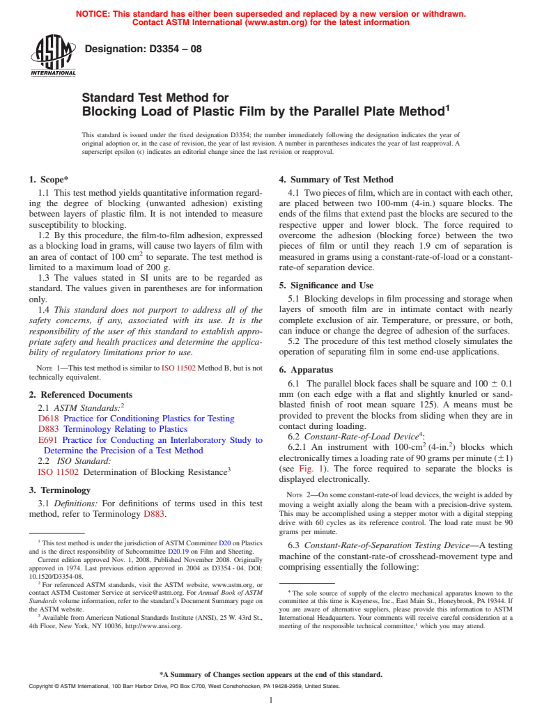 ASTM D3354-08 - Standard Test Method for Blocking Load of Plastic Film by the Parallel Plate Method