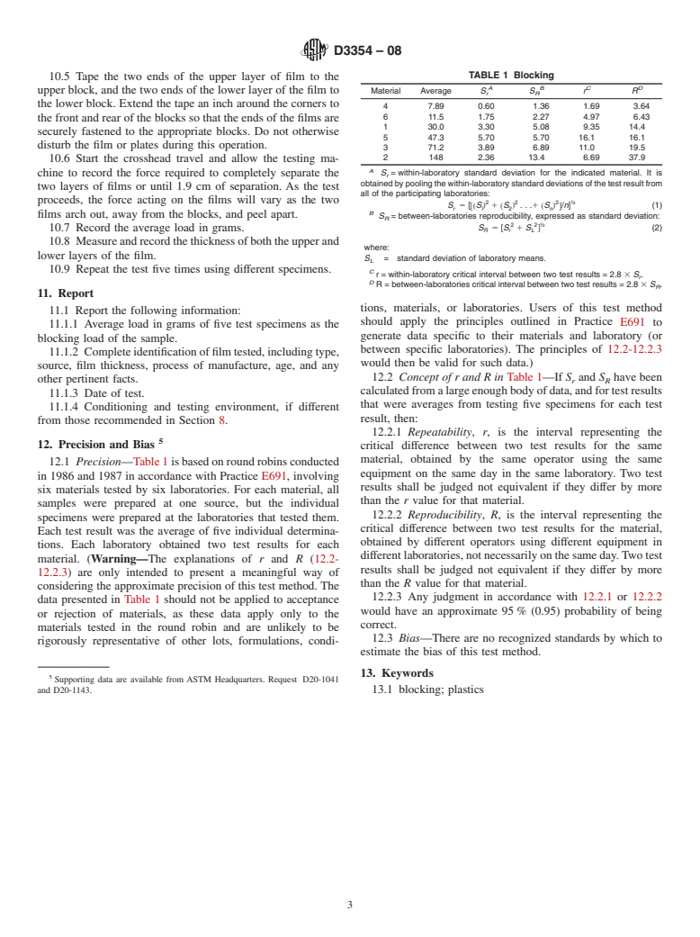 ASTM D3354-08 - Standard Test Method for Blocking Load of Plastic Film by the Parallel Plate Method