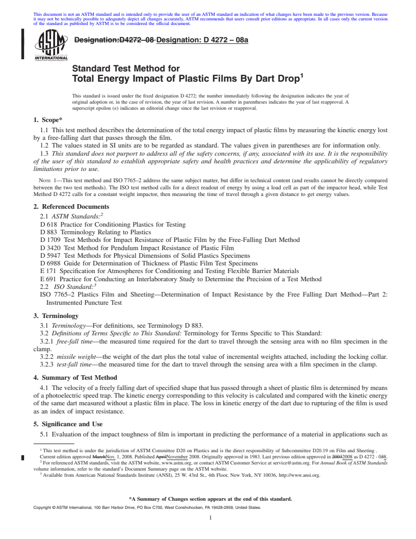 REDLINE ASTM D4272-08a - Standard Test Method for  Total Energy Impact of Plastic Films By Dart Drop