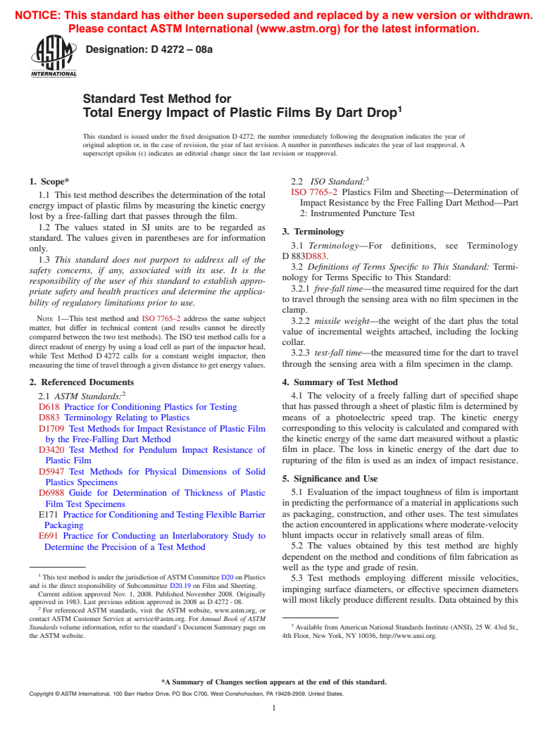 ASTM D4272-08a - Standard Test Method for  Total Energy Impact of Plastic Films By Dart Drop