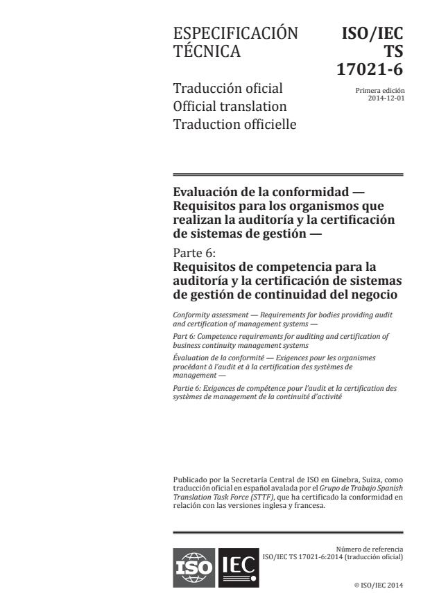 ISO/IEC TS 17021-6:2014 - Conformity assessment -- Requirements for bodies providing audit and certification of management systems