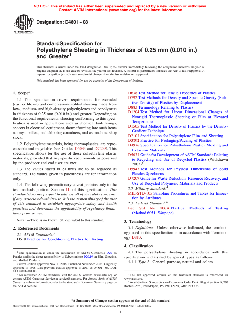 ASTM D4801-08 - Standard Specification for Polyethylene Sheeting in Thickness of 0.25 mm [0.010 in.] and Greater