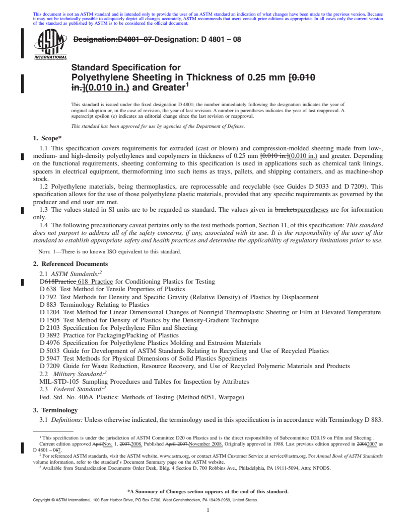 REDLINE ASTM D4801-08 - Standard Specification for Polyethylene Sheeting in Thickness of 0.25 mm [0.010 in.] and Greater