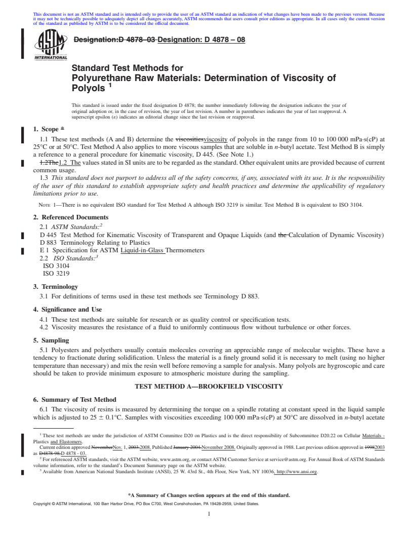 REDLINE ASTM D4878-08 - Standard Test Methods for Polyurethane Raw Materials: Determination of Viscosity of Polyols