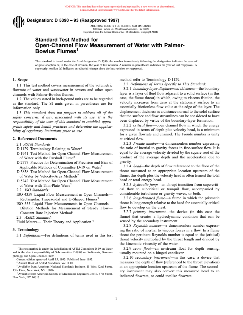 ASTM D5390-93(1997) - Standard Test Method for Open Channel Flow Measurement of Water with Palmer-Bowlus Flumes