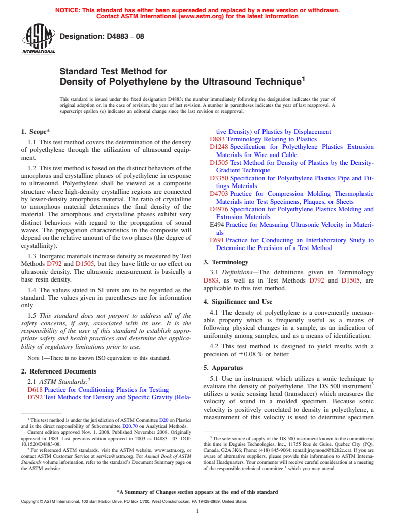 ASTM D4883-08 - Standard Test Method for Density of Polyethylene by the Ultrasound Technique (Withdrawn 2017)