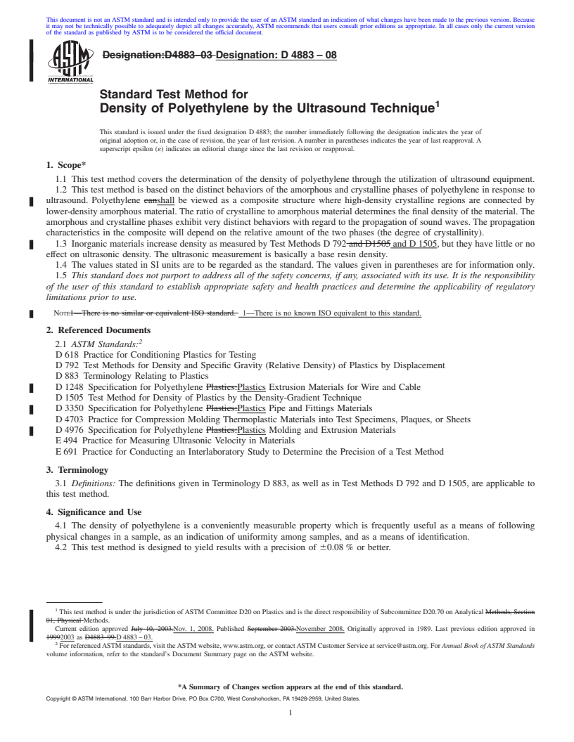 REDLINE ASTM D4883-08 - Standard Test Method for Density of Polyethylene by the Ultrasound Technique (Withdrawn 2017)