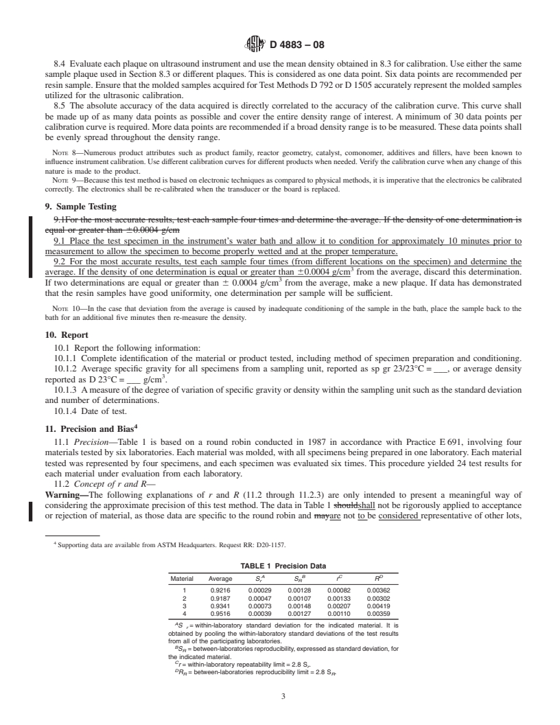 REDLINE ASTM D4883-08 - Standard Test Method for Density of Polyethylene by the Ultrasound Technique (Withdrawn 2017)