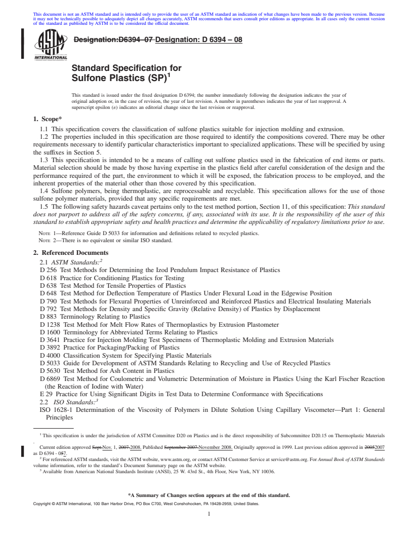 REDLINE ASTM D6394-08 - Standard Specification for Sulfone Plastics (SP)