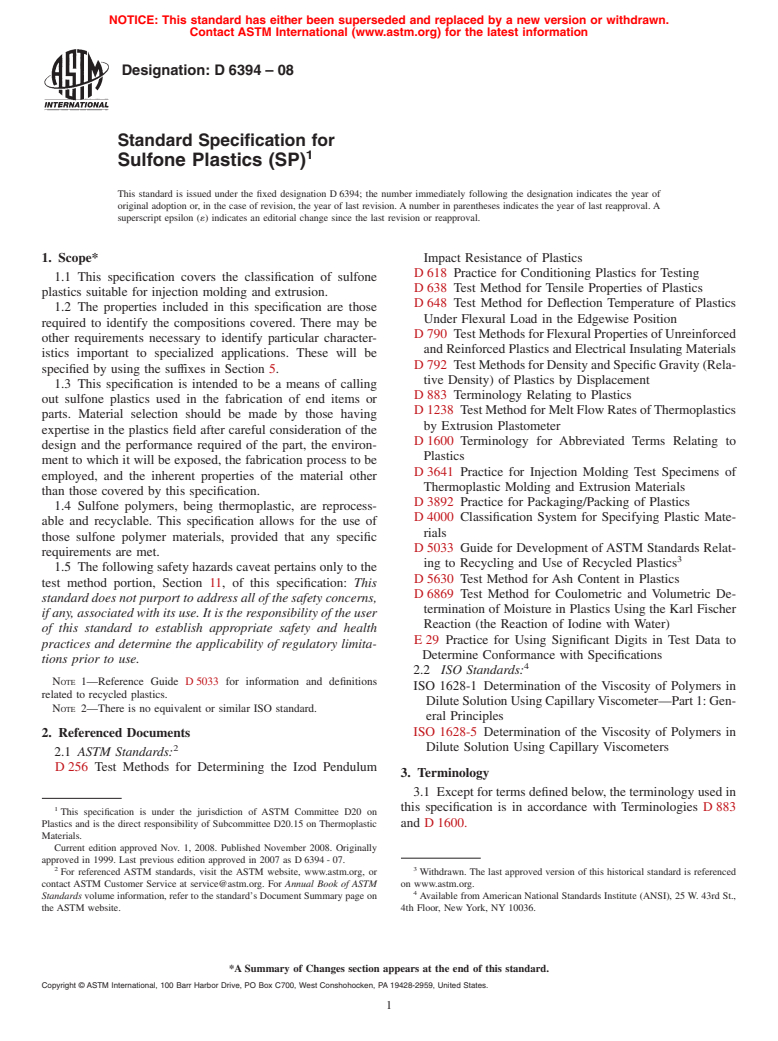 ASTM D6394-08 - Standard Specification for Sulfone Plastics (SP)