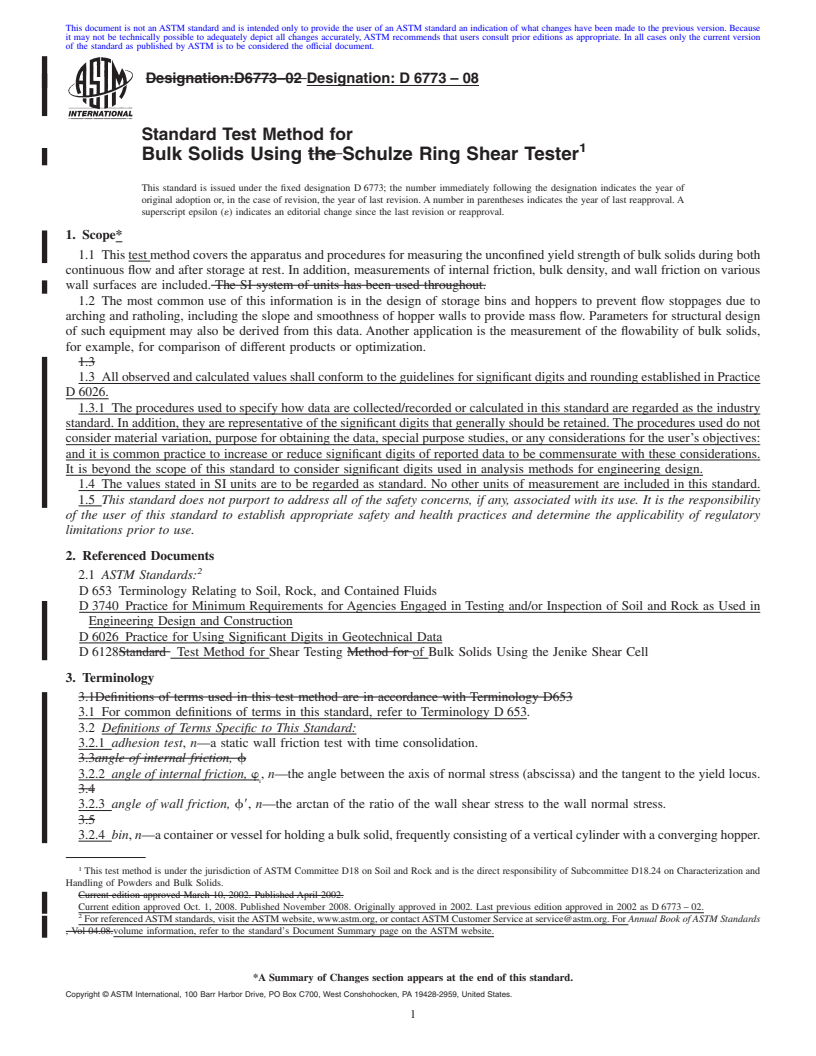 REDLINE ASTM D6773-08 - Standard Shear Test Method for Bulk Solids Using the Schulze Ring Shear Tester