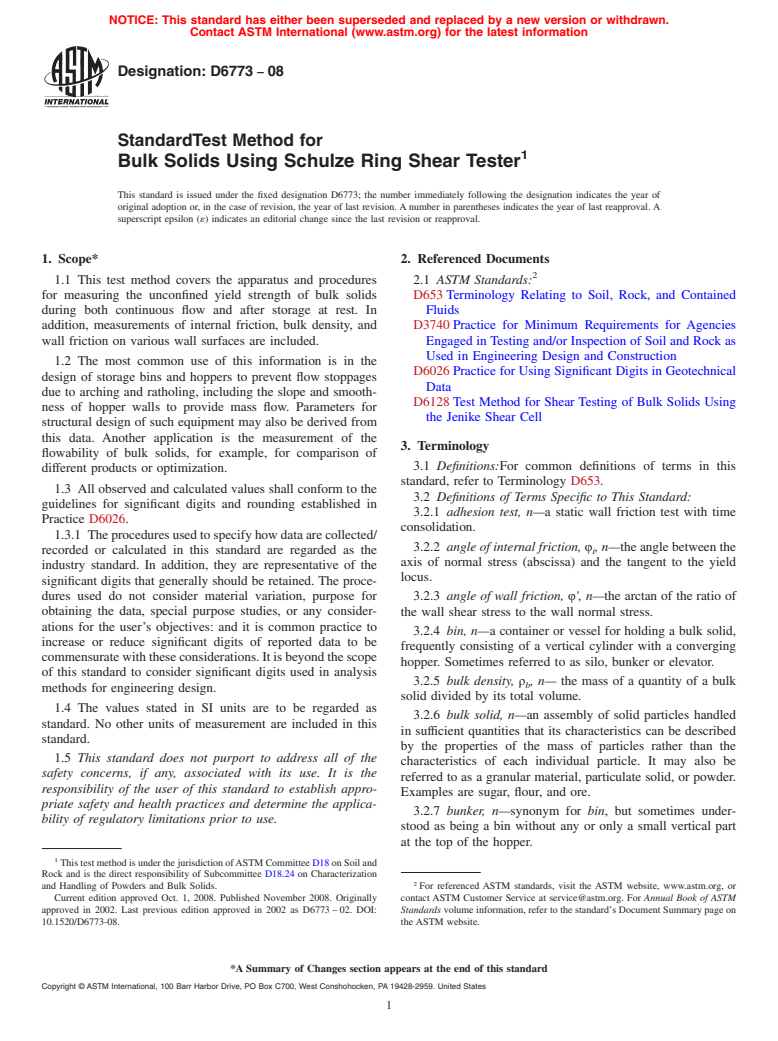 ASTM D6773-08 - Standard Shear Test Method for Bulk Solids Using the Schulze Ring Shear Tester