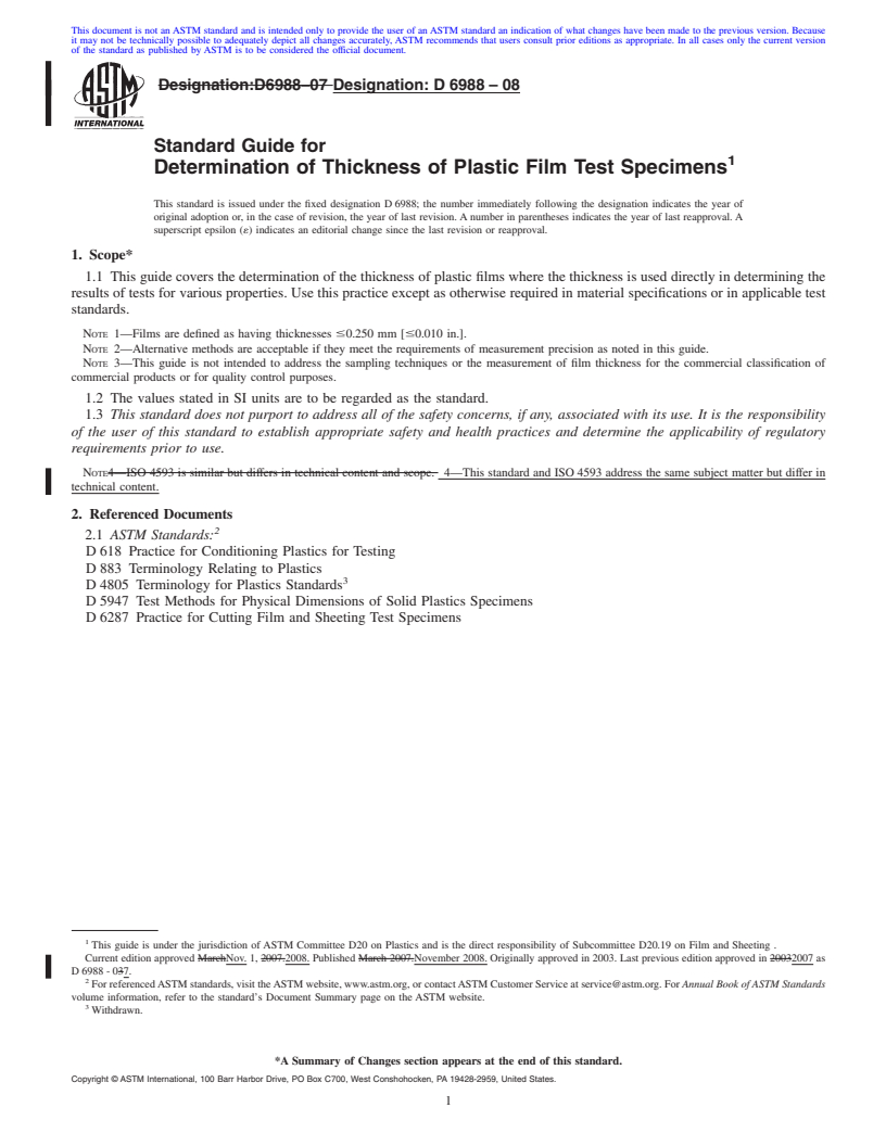 REDLINE ASTM D6988-08 - Standard Guide for Determination of Thickness of Plastic Film Test Specimens