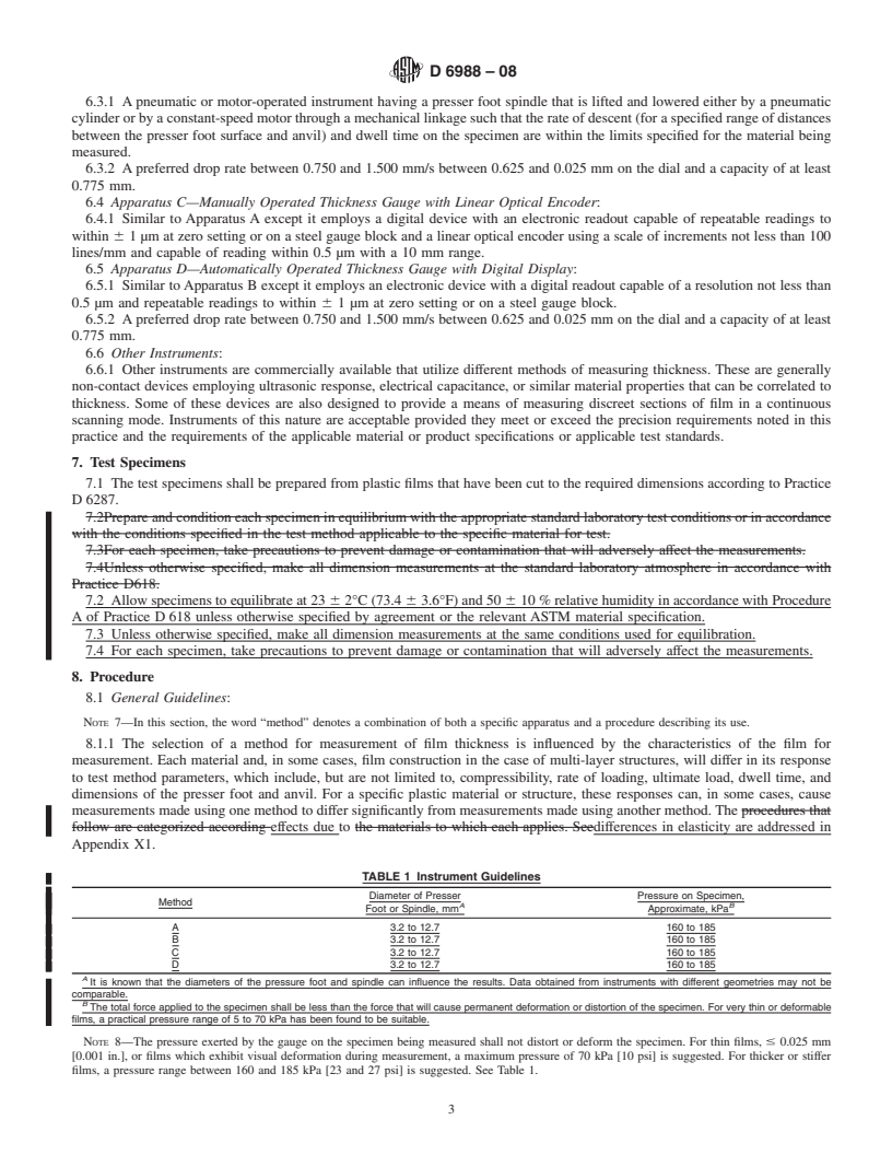 REDLINE ASTM D6988-08 - Standard Guide for Determination of Thickness of Plastic Film Test Specimens