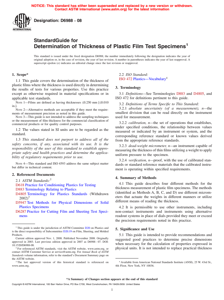 ASTM D6988-08 - Standard Guide for Determination of Thickness of Plastic Film Test Specimens