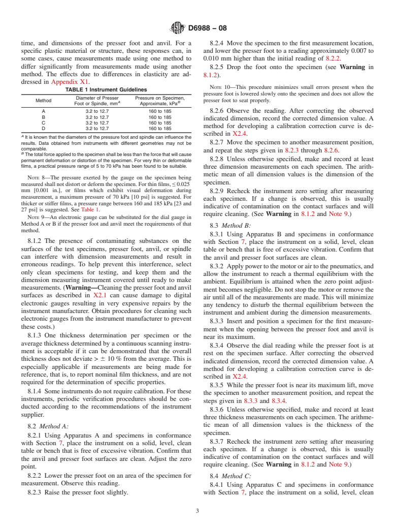 ASTM D6988-08 - Standard Guide for Determination of Thickness of Plastic Film Test Specimens