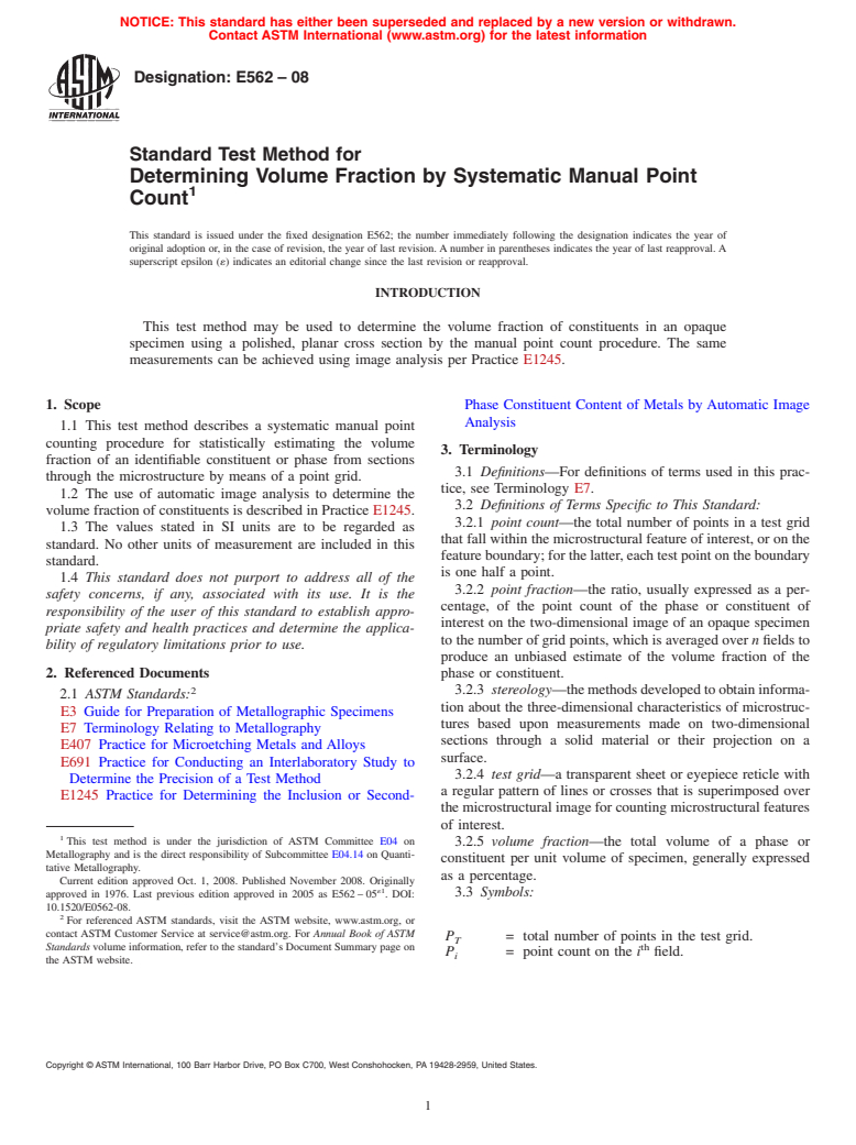 ASTM E562-08 - Standard Test Method for Determining Volume Fraction by Systematic Manual Point Count