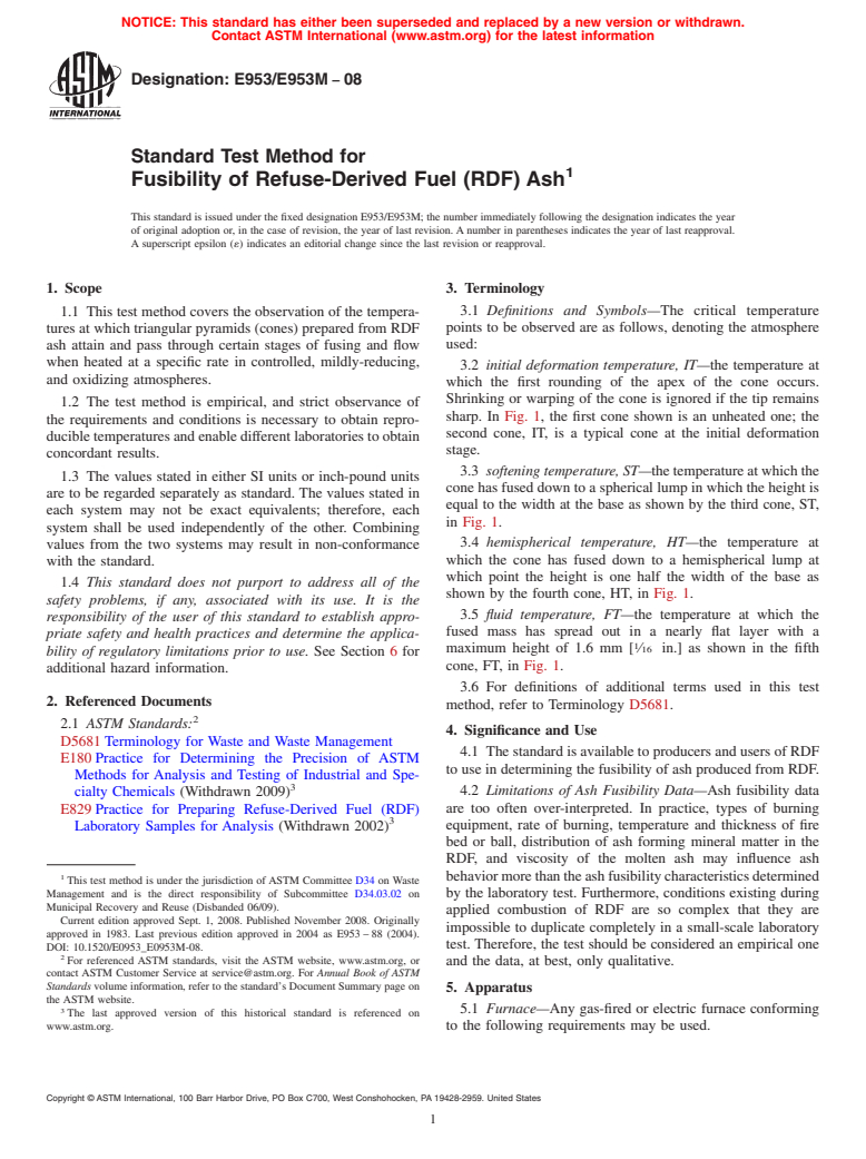 ASTM E953/E953M-08 - Standard Test Method for Fusibility of Refuse-Derived Fuel (RDF) Ash