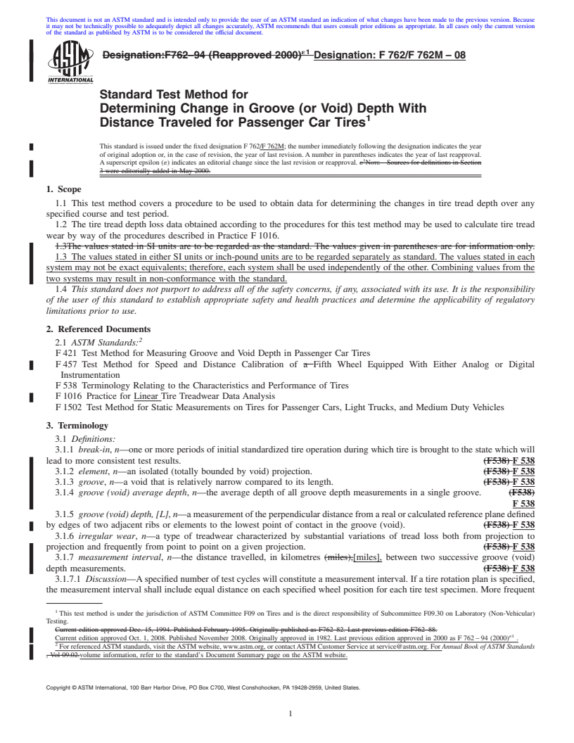 REDLINE ASTM F762/F762M-08 - Standard Test Method for Determining Change in Groove (or Void) Depth With Distance Traveled for Passenger Car Tires