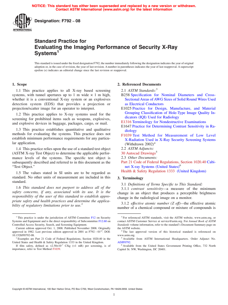 ASTM F792-08 - Standard Practice for Evaluating the Imaging Performance of Security X-Ray Systems (Withdrawn 2017)