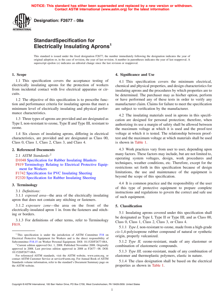 ASTM F2677-08a - Standard Specification for Electrically Insulating Aprons