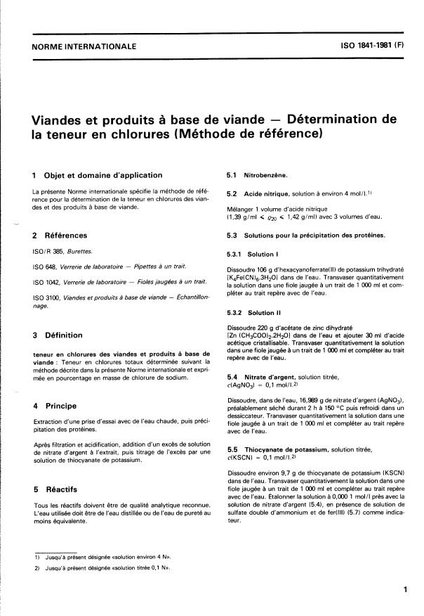 ISO 1841:1981 - Meat and meat products -- Determination of chloride content (Reference method)