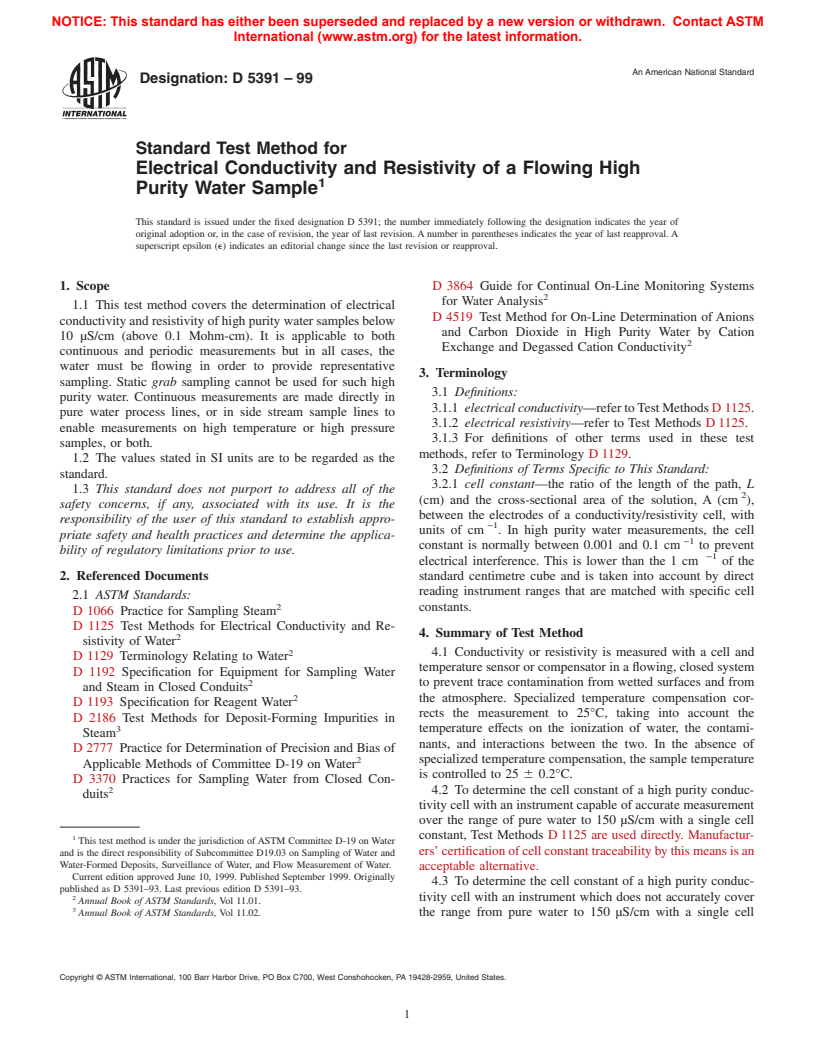 ASTM D5391-99 - Standard Test Method for Electrical Conductivity and Resistivity of a Flowing High Purity Water Sample