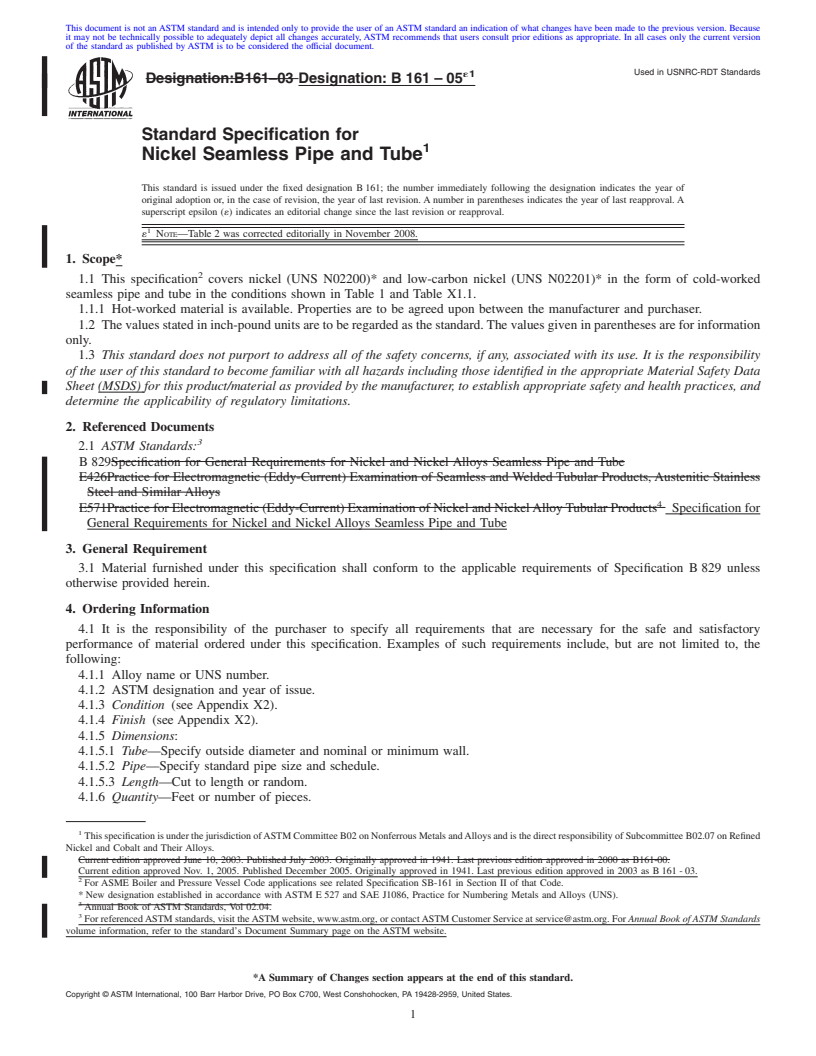 REDLINE ASTM B161-05e1 - Standard Specification for Nickel Seamless Pipe and Tube