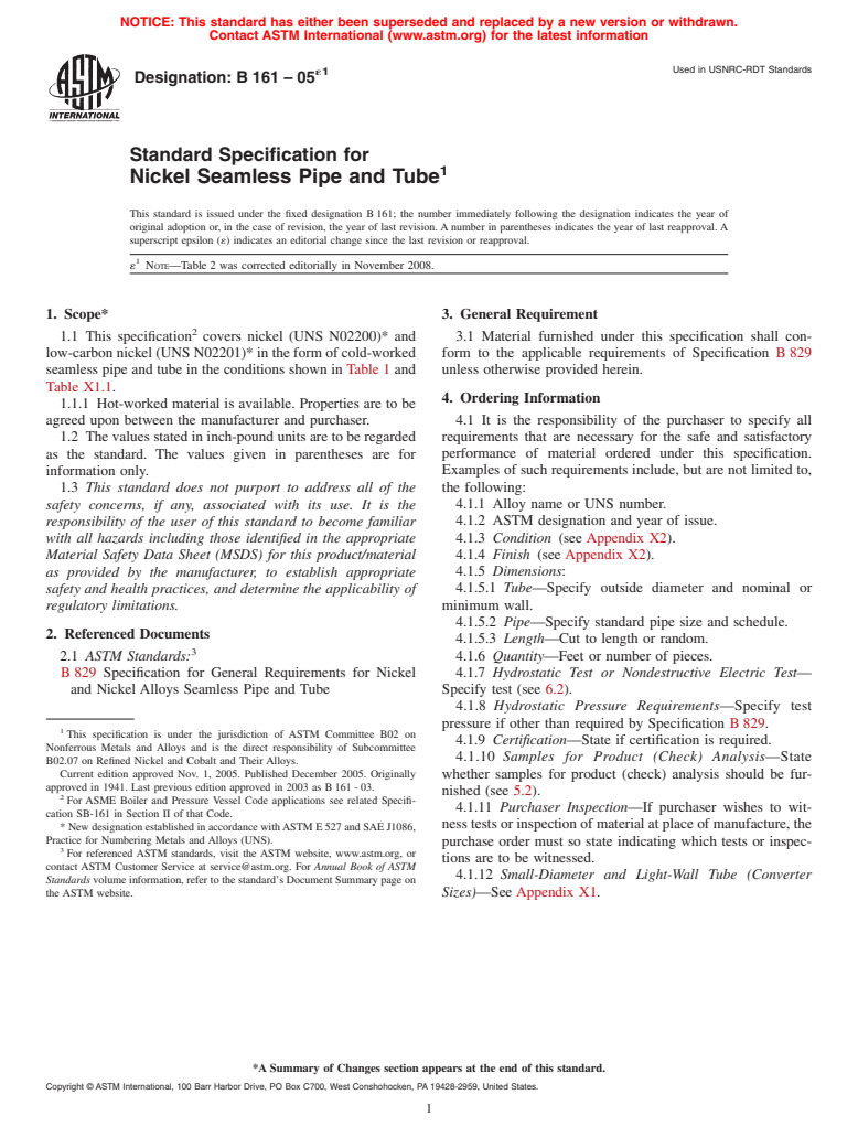 ASTM B161-05e1 - Standard Specification for Nickel Seamless Pipe and Tube