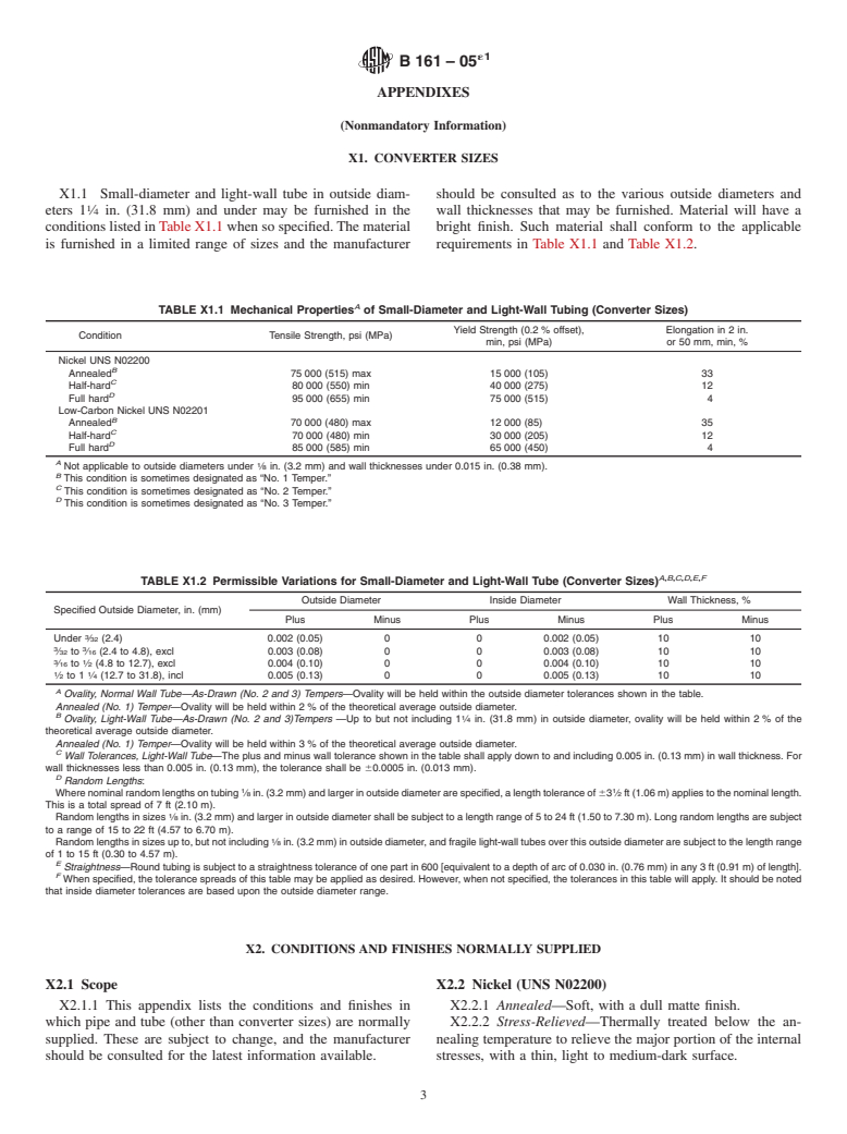 ASTM B161-05e1 - Standard Specification for Nickel Seamless Pipe and Tube