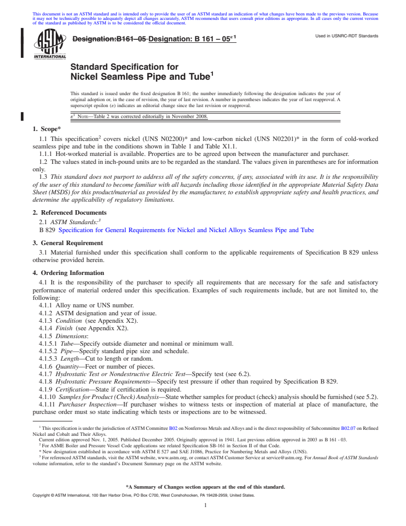 REDLINE ASTM B161-05e1 - Standard Specification for Nickel Seamless Pipe and Tube
