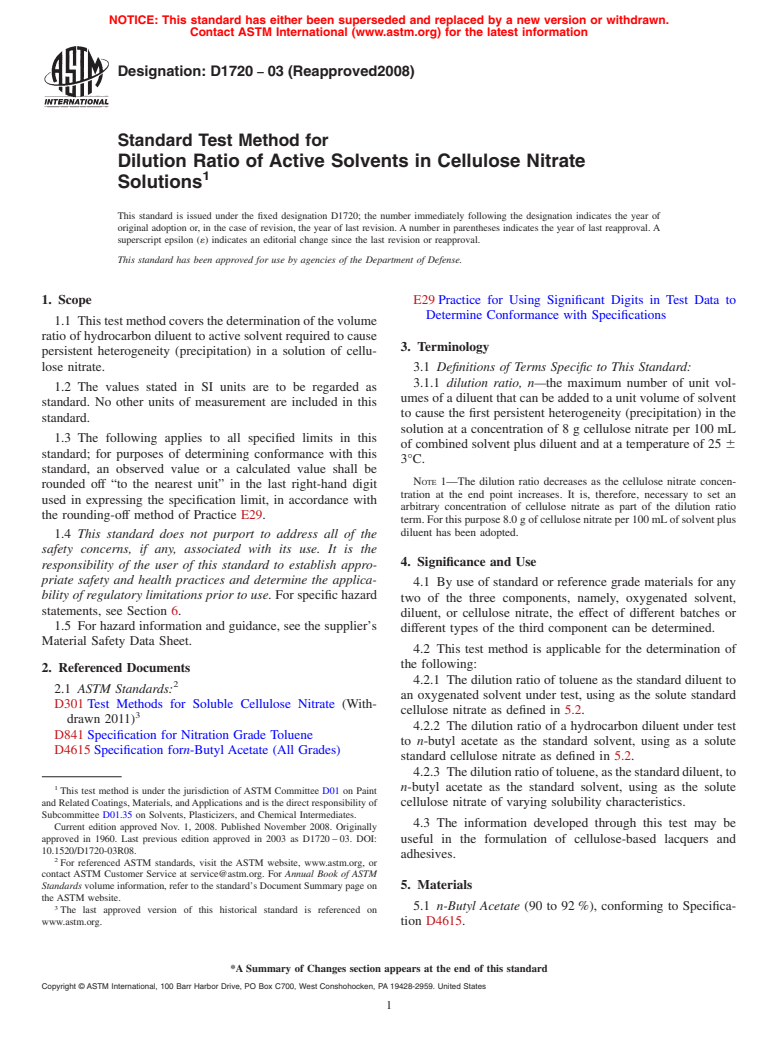 ASTM D1720-03(2008) - Standard Test Method for Dilution Ratio of Active Solvents in Cellulose Nitrate Solutions