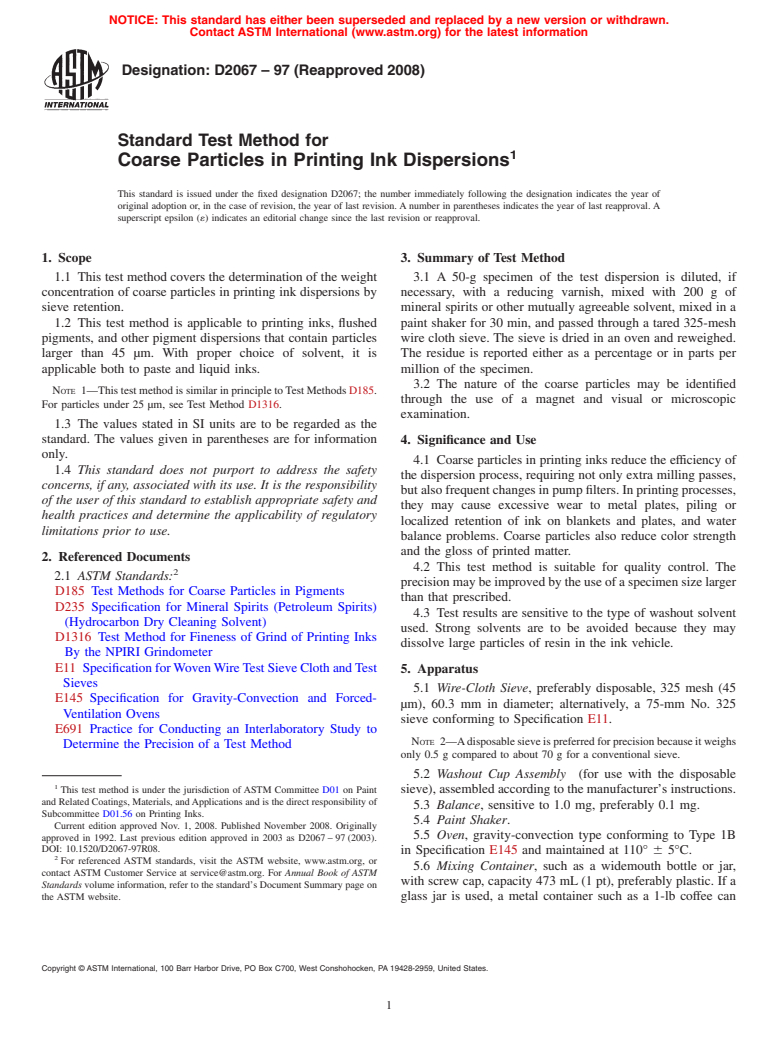 ASTM D2067-97(2008) - Standard Test Method for Coarse Particles in Printing Ink Dispersions