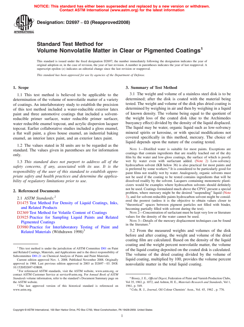 ASTM D2697-03(2008) - Standard Test Method for Volume Nonvolatile Matter in Clear or Pigmented Coatings