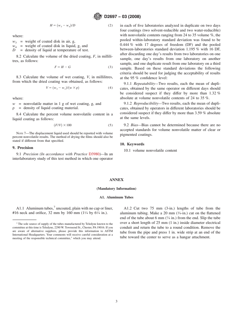 ASTM D2697-03(2008) - Standard Test Method for Volume Nonvolatile Matter in Clear or Pigmented Coatings