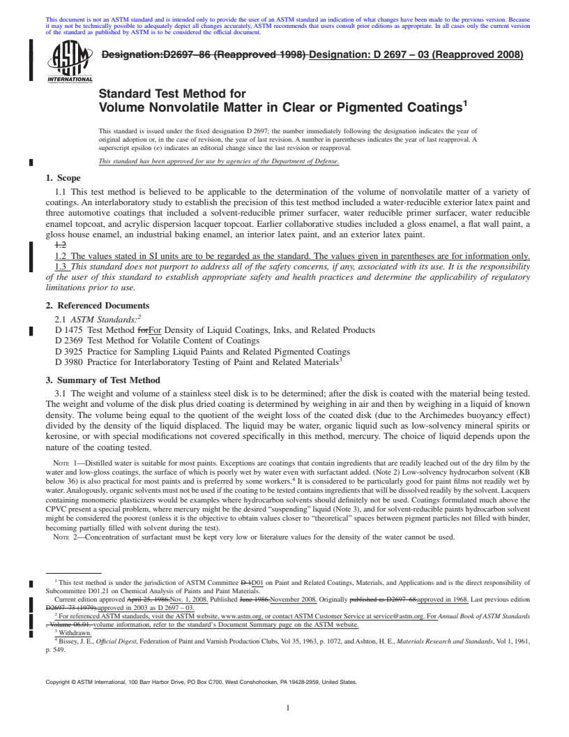 REDLINE ASTM D2697-03(2008) - Standard Test Method for Volume Nonvolatile Matter in Clear or Pigmented Coatings