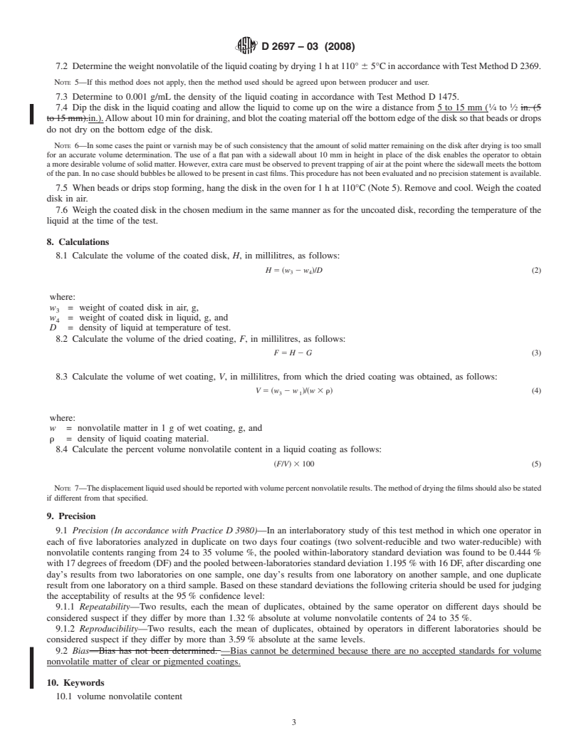 REDLINE ASTM D2697-03(2008) - Standard Test Method for Volume Nonvolatile Matter in Clear or Pigmented Coatings