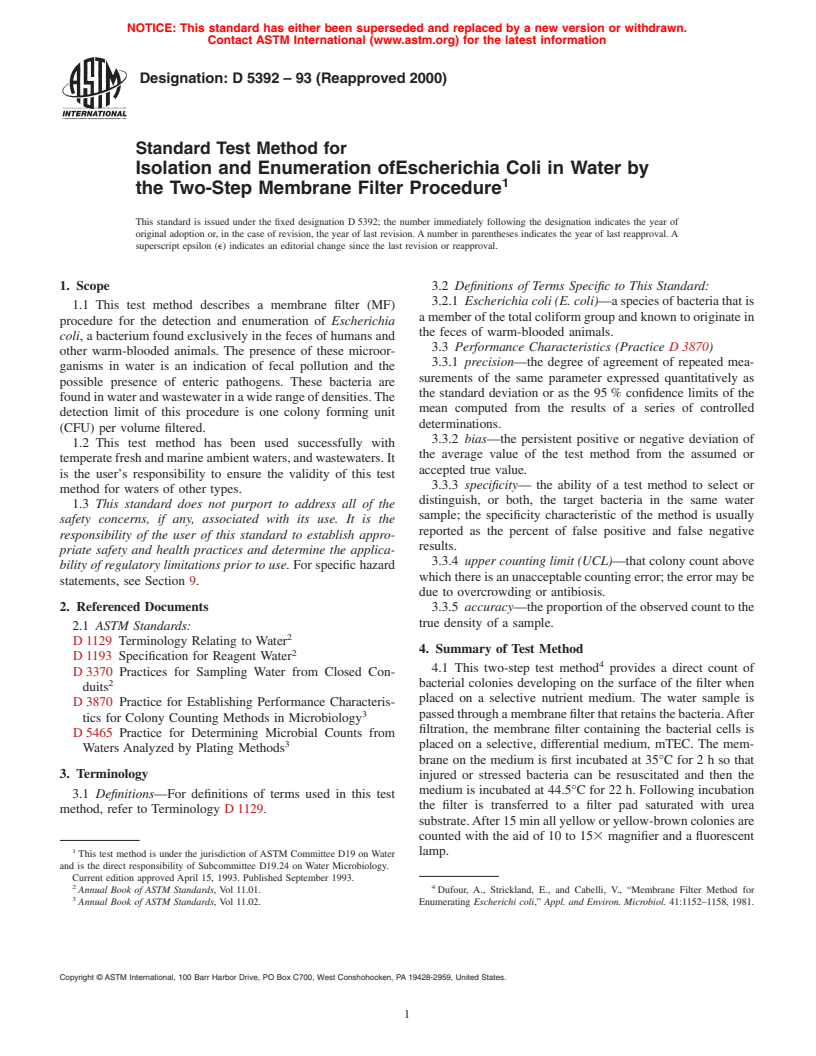 ASTM D5392-93(2000) - Standard Test Method for Isolation and Enumeration of <i>Escherichia Coli</i> in Water by the Two-Step Membrane Filter Procedure