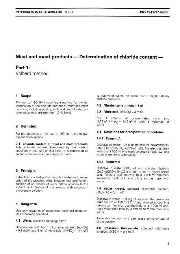 ISO 1841-1:1996 - Meat and meat products -- Determination of chloride content