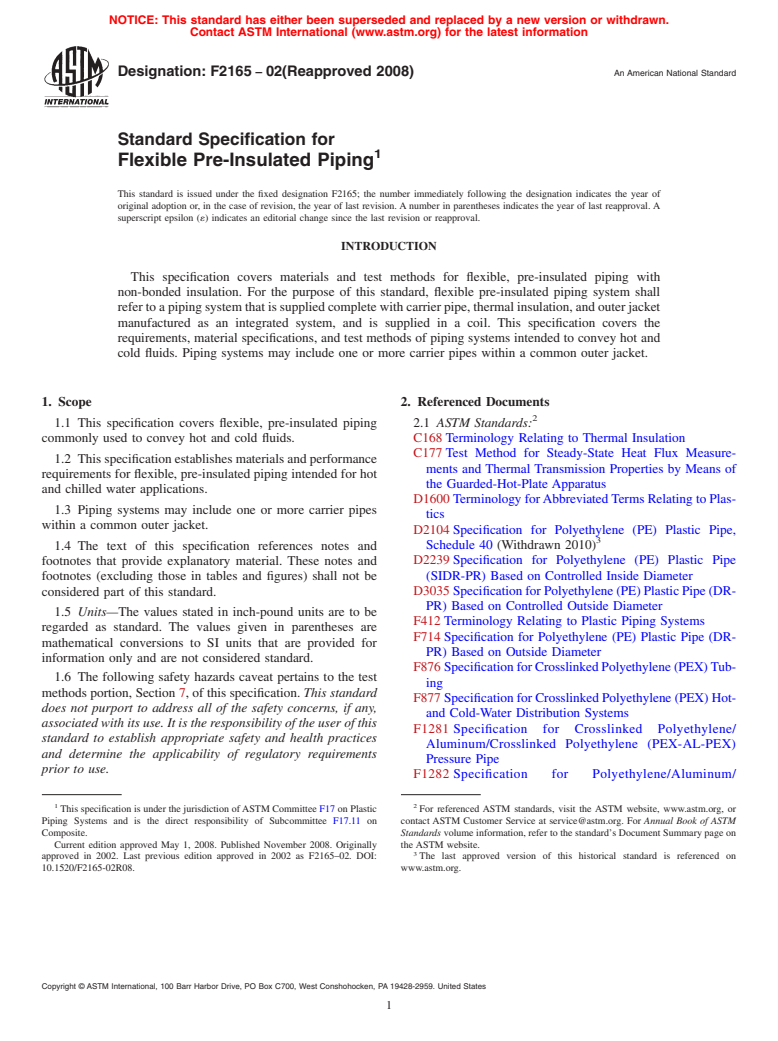 ASTM F2165-02(2008) - Standard Specification for Flexible Pre-Insulated Piping